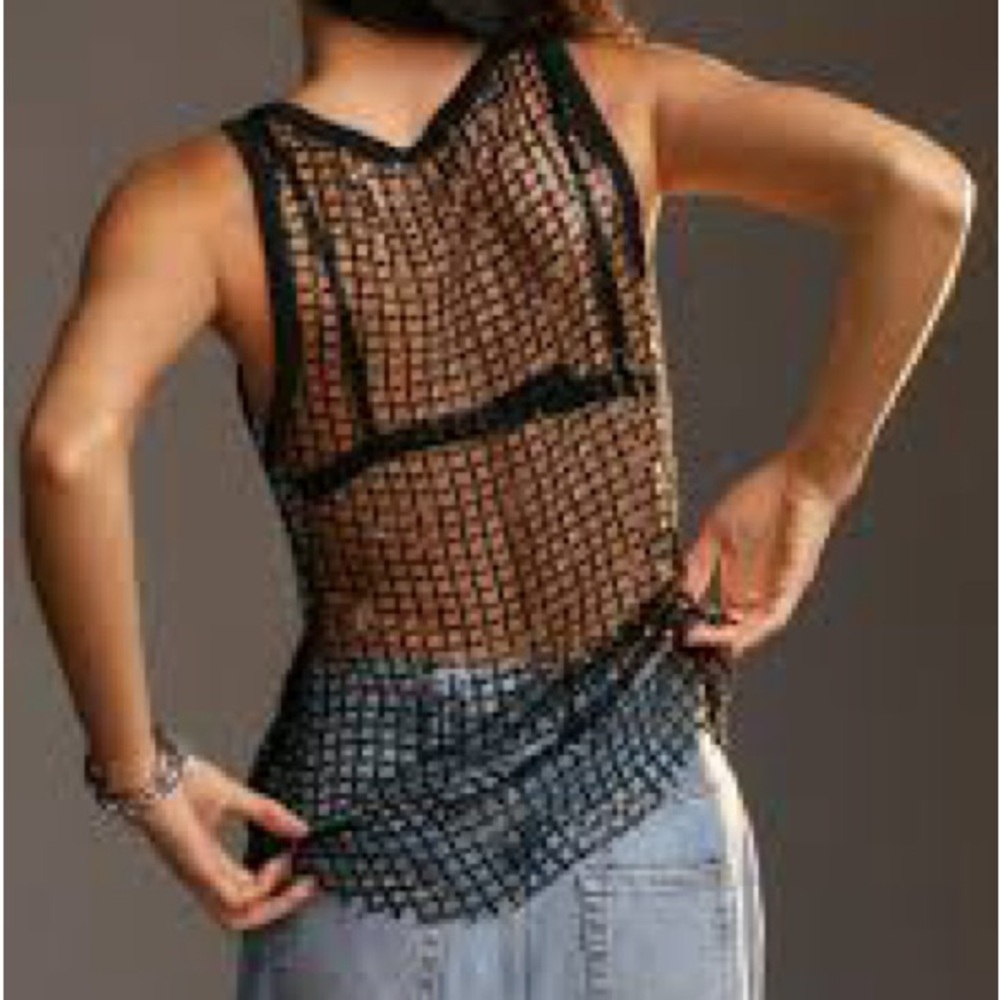 Anthropologie Black Sequin Mesh Top - Picture 2 of 4